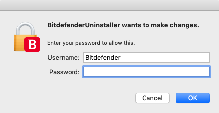 Uninstall Bitdefender Antivirus for Mac - credentials