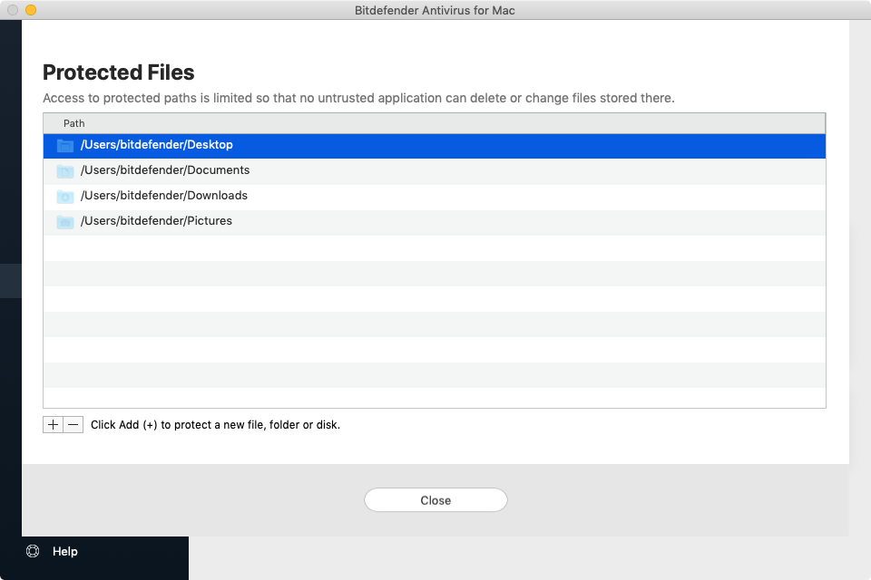 Folders protected with the Safe Files feature in Bitdefender Antivirus for Mac