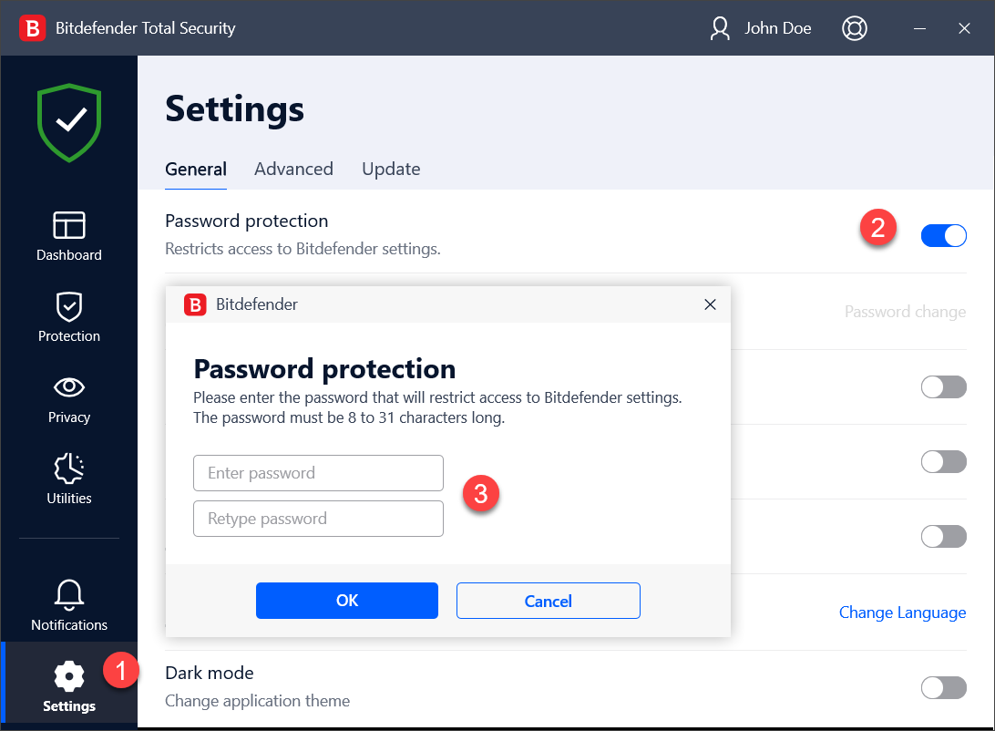 Bitdefender settings password