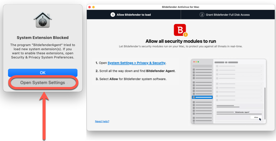 Open System Settings to install Bitdefender Antivirus for Mac on Ventura
