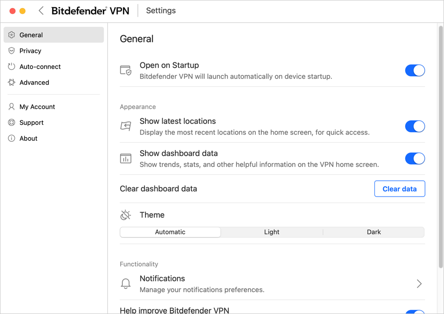 Bitdefender VPN for Mac - General settings