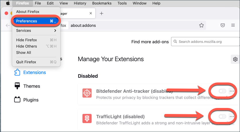 How to disable Bitdefender Antivirus for mac: TrafficLight & Anti-Tracker (Firefox)