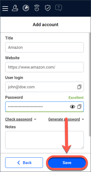 Save button in the Bitdefender Password manager extension.