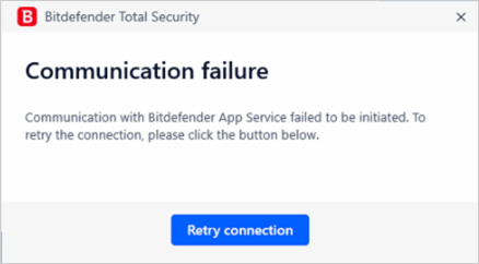 Communication failure. Communication with Bitdefender App Service failed to be initiated.